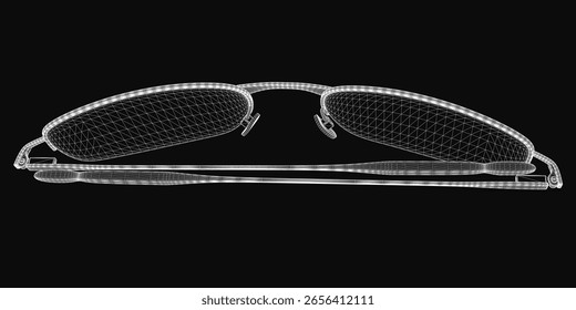 Modelo de gafas 3D de estructura metálica con un diseño elegante y realista, con monturas delgadas y lentes transparentes, aisladas sobre un fondo oscuro. La estructura de malla detallada resalta la estética moderna