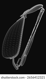 Wireframe 3D glasses model with a sleek, realistic design, featuring thin frames and clear lenses, isolated on a black background. The detailed mesh structure highlights the modern aesthetic