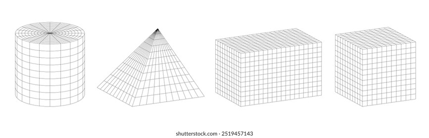 Wireframe 3d line mesh of geometric shape cylinder, pyramid, rectangular and square