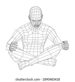 Wireframe 3d man relaxing in lotus position. Vector 3d rendering. Man in lotus pose