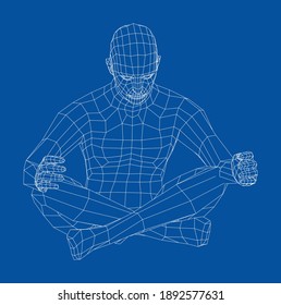 Wireframe 3d man relaxing in lotus position. Vector 3d rendering. Man in lotus pose