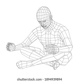 Hombre con estructura de cable 3d relajante en posición de loto. Representación vectorial 3d. Hombre en la posada del loto