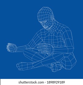 Wireframe 3d man relaxing in lotus position. Vector 3d rendering. Man in lotus pose