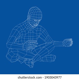 Wireframe 3d man relaxing in lotus position. Vector 3d rendering. Man in lotus pose