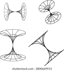 Wireframe 3d model of a catenoid minimal surface, mathematical shape representing a soap film stretched between two circular rings Black hole effect 