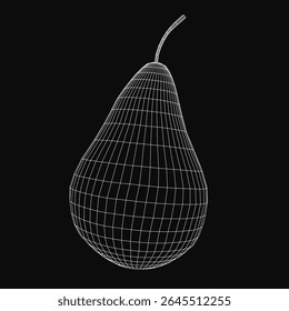 Wireframe 3D model of a pear with realistic shading and intricate mesh details, isolated on a sleek black background. The digital rendering highlights the fruit's organic curves and geometric.