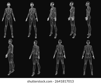 Wireframe 3D model of a woman's body in dynamic poses, showcasing detailed anatomy against a black background. The set features a stylized female figure with transparent mesh structure, highlighting.