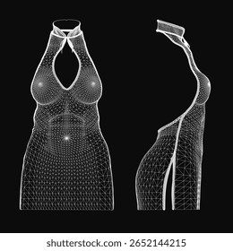 A wireframe 3D model of a woman's dress and a man's torso stands out against a dark background. The intricate mesh design creates a futuristic and mysterious aesthetic.