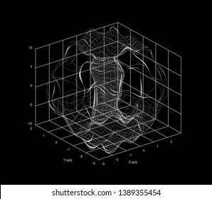 Wireframe of 3d shape on Cartesian coordinate system Three-dimensional space. Conceptual illustration on black chalkboard, high-tech/ cyberpunk technologies of future/ virtual reality. 