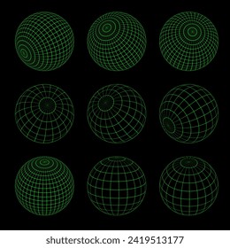 Wireframe 3D shapes isolated on black background. Green sphere grid set. 