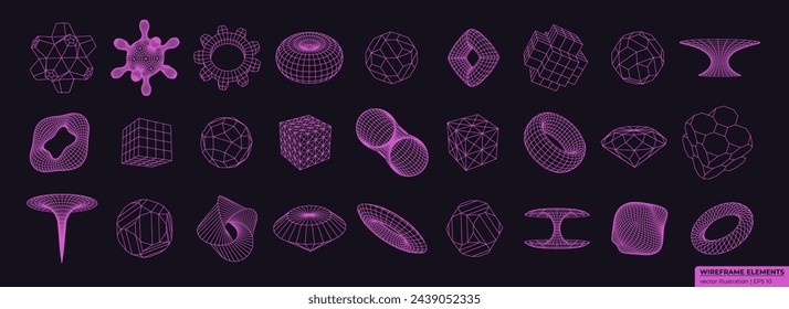 Wireframe 3D shapes in neon color. Cyberpunk elements consisting of a grid and dots. Collection of lowpoly 3D polygonal shapes.