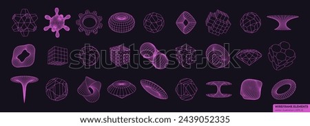 Wireframe 3D shapes in neon color. Cyberpunk elements consisting of a grid and dots. Collection of lowpoly 3D polygonal shapes.