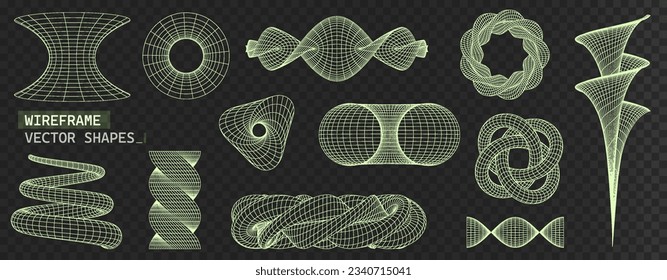 Wireframe 3D shapes set. Abstract Grid y2k futuristic aesthetic., surface mesh and geometric wireframe shapes. Cyberpunk vector elements