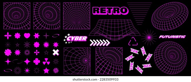 Wireframe 3D shapes in trendy retro cyberpunk 80s 90s style. Y2k aesthetic.