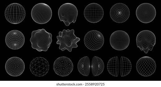 Wireframe 3D sphere mesh grid. Digital ball, abstract circle, distorted and melted geometric spheres with dots connected by lines. Cyber globe and spherical dome vector objects set.