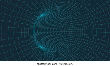 Wireframe 3D Surface Tunnel.Background Abstract Vector Image Of A Tunnel For Presentations. Network Cyber Technology. Futuristic Perspective Grid Background Texture.