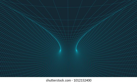 Wireframe 3D surface tunnel.Background abstract vector image of a tunnel for presentations. Network cyber technology. Futuristic perspective grid background texture.