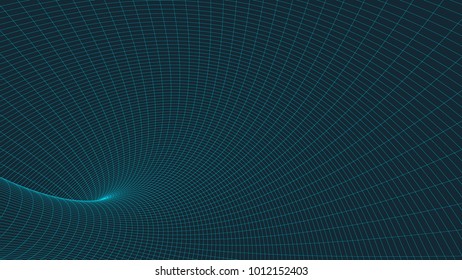 Wireframe 3D surface tunnel.Background abstract vector image of a tunnel for presentations. Network cyber technology. Futuristic perspective grid background texture.