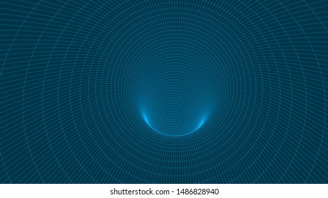 Wireframe 3D tunnel grid. Background abstract vector image of a tunnel for presentations. Network cyber technology. Futuristic perspective grid background texture. EPS 10
