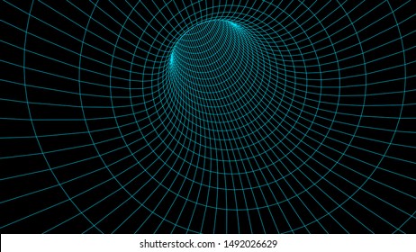 Wireframe 3D tunnel grid. Background abstract vector image of a tunnel for presentations. Network cyber technology. Futuristic perspective grid background texture. EPS 10