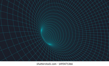Wireframe 3D  tunnel.  Perspective grid background texture. Meshy wormhole model. Vector Illustration.