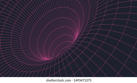 Wireframe 3D  tunnel.  Perspective grid background texture. Meshy wormhole model. Vector Illustration.