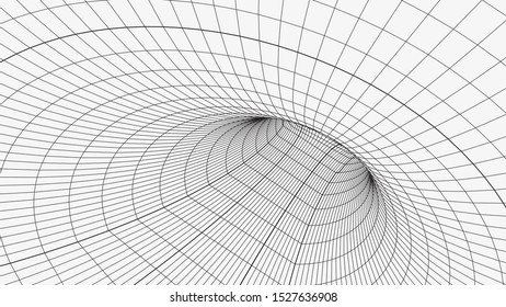 Wireframe 3D tunnel. Perspective grid background texture. Meshy wormhole model. Vector Illustration.