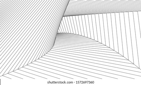 Wireframe 3D tunnel. Perspective grid. Mesh wormhole model. Detailed lines on white background. 3d vector illustration.