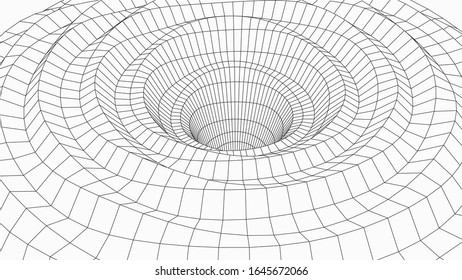 Wireframe 3D tunnel. Perspective grid. Mesh wormhole model. Detailed lines on white background. 3d vector illustration.