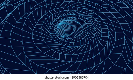 Wireframe 3D tunnel. Perspective grid background texture. Meshy wormhole model. Vector Illustration.	