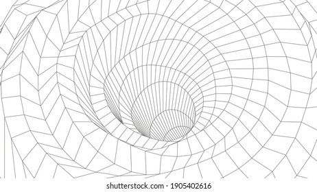 Túnel 3D del marco de cables. textura de fondo de cuadrícula de perspectiva. Modelo de agujero de gusano meshy. Ilustración vectorial.	