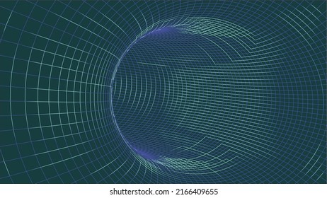 Túnel 3D del marco de cables. textura de fondo de cuadrícula de perspectiva. Modelo de agujero de gusano meshy. Vector