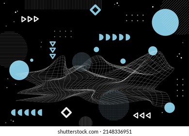 Wireframe abstract background. Wireframe science backdrop. Futuristic visualization design. Scientific wallpaper. Corporate dynamic digital template. Website header, flyer layout. Vector illustration.