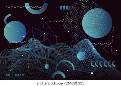 Wireframe abstract background. Wireframe science backdrop. Futuristic visualization design. Scientific wallpaper. Corporate dynamic digital template. Website header, flyer layout. Vector illustration.