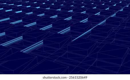 Wireframe Abstract geometric background with blue lines 3d cubes. Modern abstract business template with 3d blue cube on blue background. Vector illustration