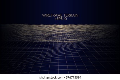 Wireframe abstract marine relief. Vector 3D linear background. Cyberspace perspective terrain.