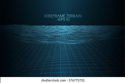 Wireframe abstract marine relief. Vector 3D linear background. Cyberspace perspective terrain.