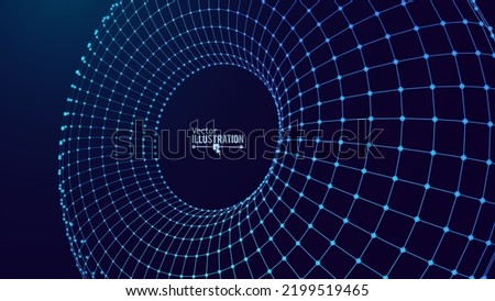 Wireframe Abstract Mesh with Hole. Abstract Science of Wormholes. 3D Grid Mesh. Blue Wireframe Texture. Technology or Science Vector Illustation.