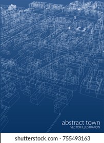 wireframe abstract old town, vector blueprint aerial view