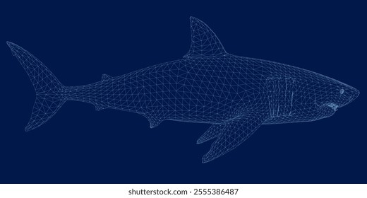 Wireframe Abstract shark form lines and triangles, point connecting network on blue background. Illustration vector. 3D. Side view