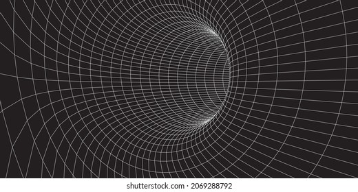Túnel abstracto de alambre. cuadrícula de túnel 3D. Futurista portal 3d. Tecnología cibernética de red. Ilustración vectorial.