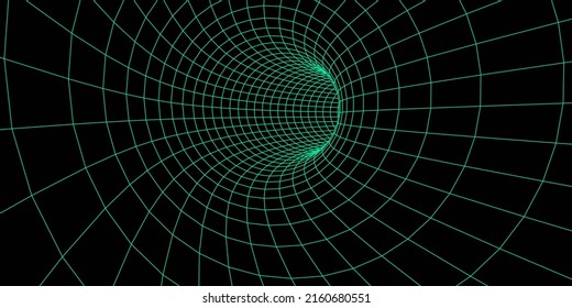 Abstrakter Wireframe-Tunnel. 3D-Tunnelgitter. Futuristisches 3D-Portal. Netzwerk-Cybertechnologie. Vektorgrafik.