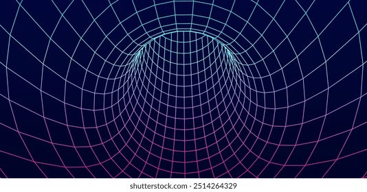 Túnel abstrato Wireframe. Grade de túnel 3D. Portal 3D futurista. Rede de cibertecnologia. Ilustração vetorial.	