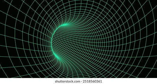 Túnel abstrato Wireframe. Grade de túnel 3D. Portal 3D futurista. Rede de cibertecnologia. Ilustração vetorial.