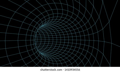 Wireframe abstract tunnel. 3D vector wormhole with a mesh structure.