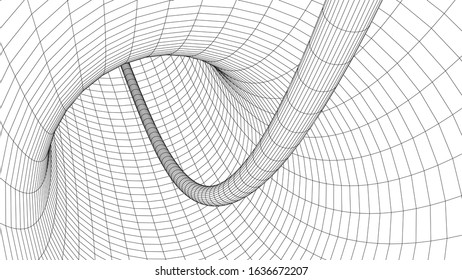 Wireframe abstract tunnel. 3D vector wormhole with a mesh structure. Vortex. Vector perspective grid.