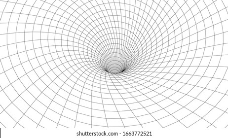 Túnel abstracto del bastidor de alambres. Agujero vectorial 3D con una estructura de malla. Vórtex.Cuadrícula de perspectiva del vector.