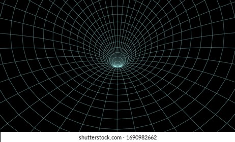 Túnel abstracto del bastidor de alambres. Agujero vectorial 3D con una estructura de malla. Vórtex.Cuadrícula de perspectiva del vector.