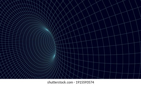 Wireframe abstract tunnel. Abstract science of wormholes. 3D tunnel mesh. Mesh texture