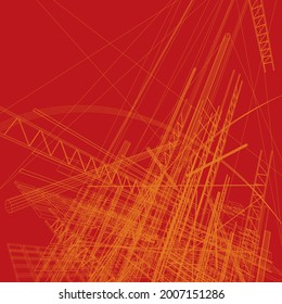 Wireframe abstract vector illustration on red framework. Scaffolding. Construction elements on red background suitable for heavy machinery or equipment photos. Building platform yellow blueprint.